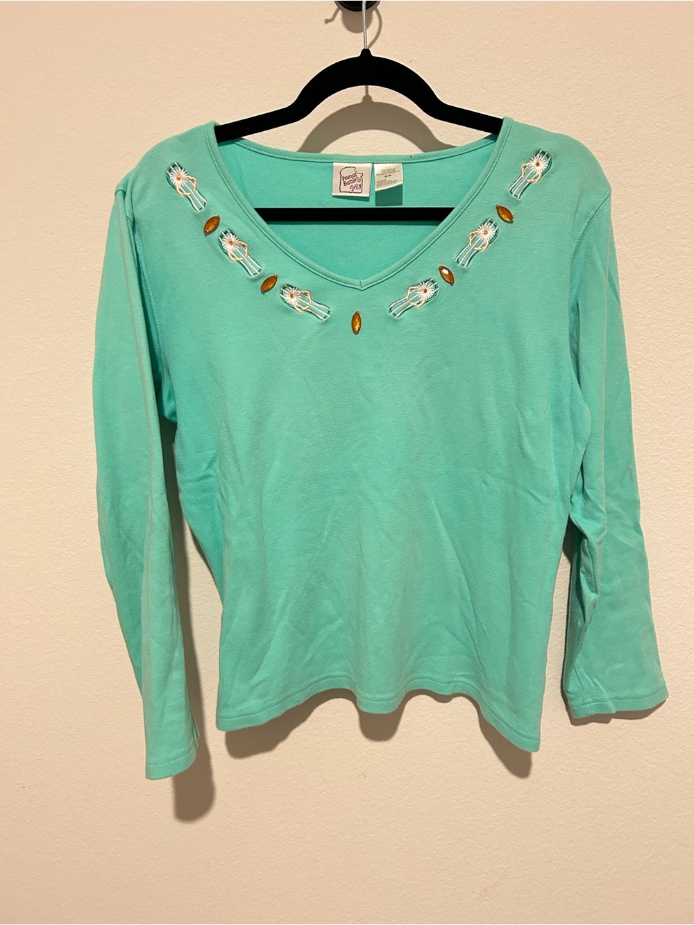 Embellished V-Neck Long Sleeve Tee - Teal